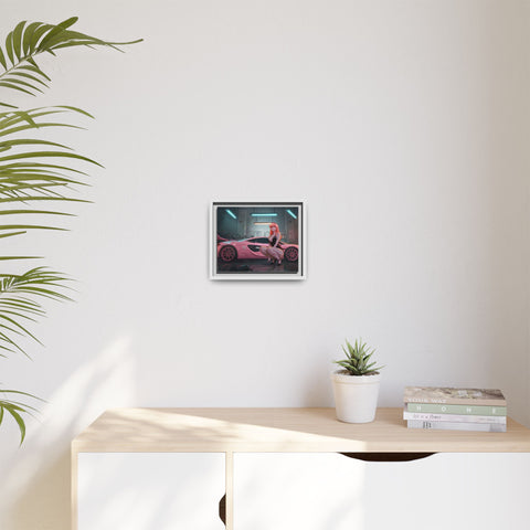 Pink Supercar Girl Framed Canvas Print — Neon Garage Art