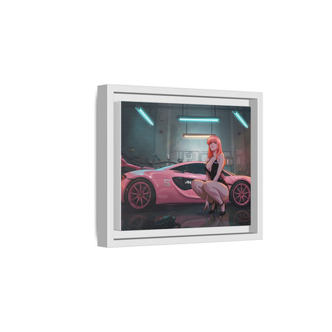 Pink Supercar Girl Framed Canvas Print — Neon Garage Art