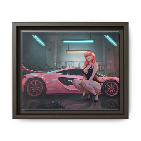 Pink Supercar Girl Framed Canvas Print — Neon Garage Art