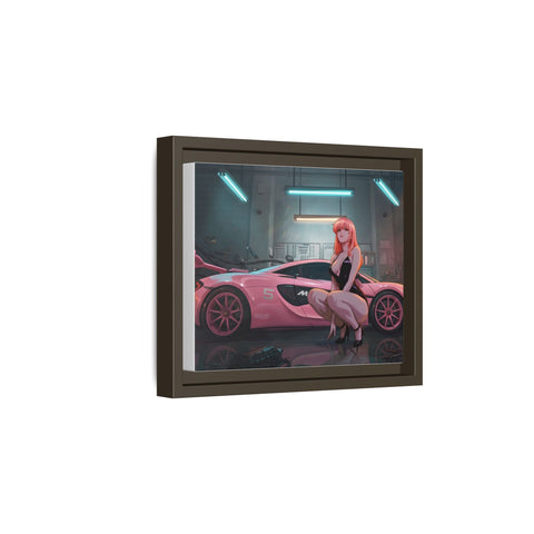 Pink Supercar Girl Framed Canvas Print — Neon Garage Art