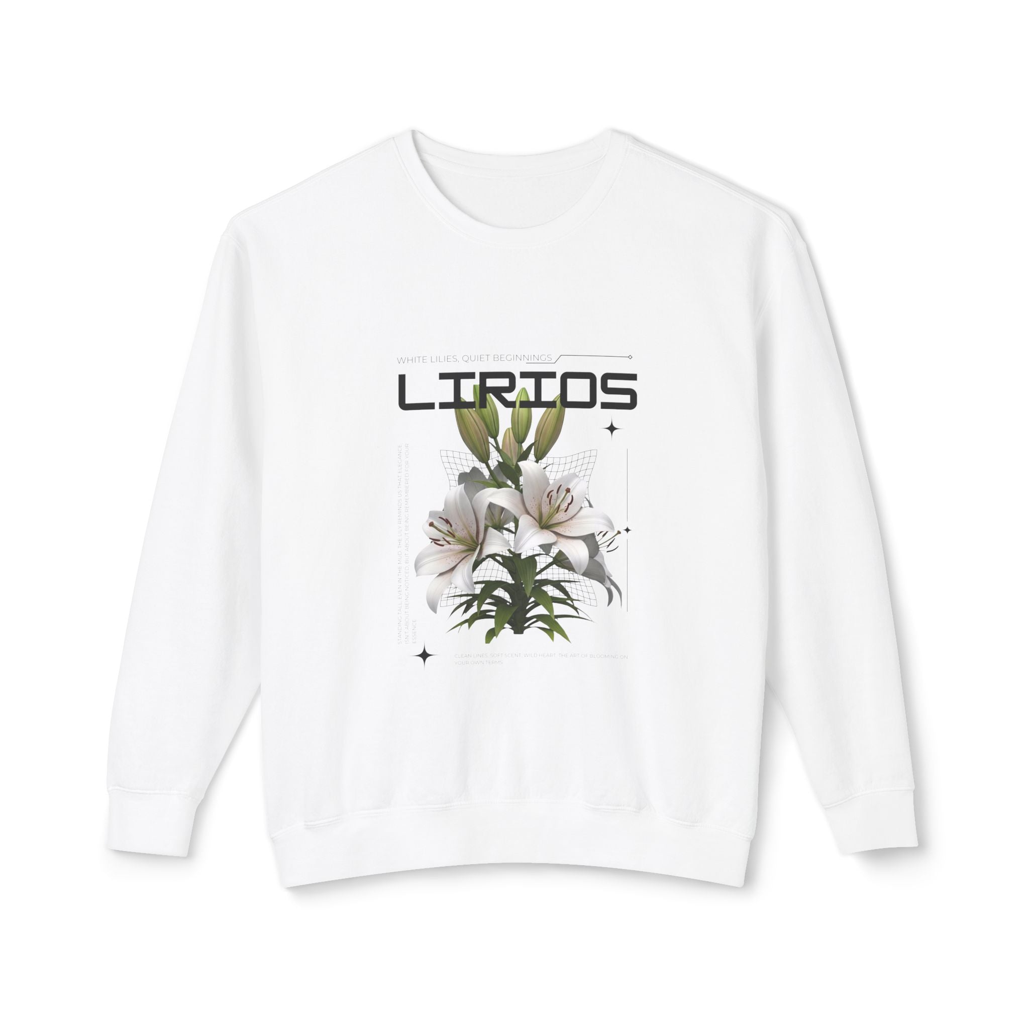 Lirios Floral Crewneck Sweatshirt — White Lily Botanical Graphic
