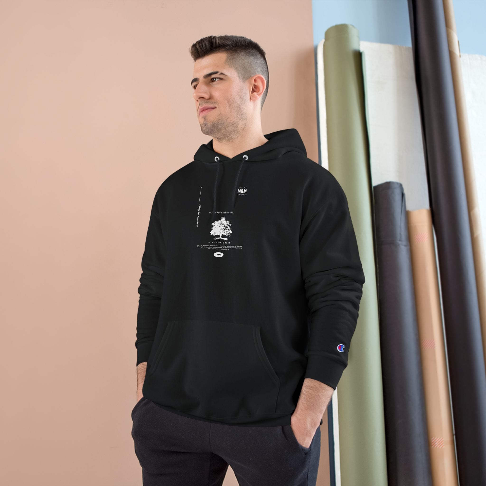 Champion Hoodie — Minimal Black Logo Pullover