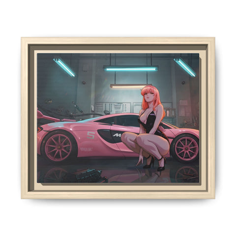 Pink Supercar Girl Framed Canvas Print — Neon Garage Art