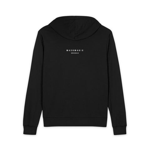 Minimalist Black Full-Zip Hoodie with Small White Logo