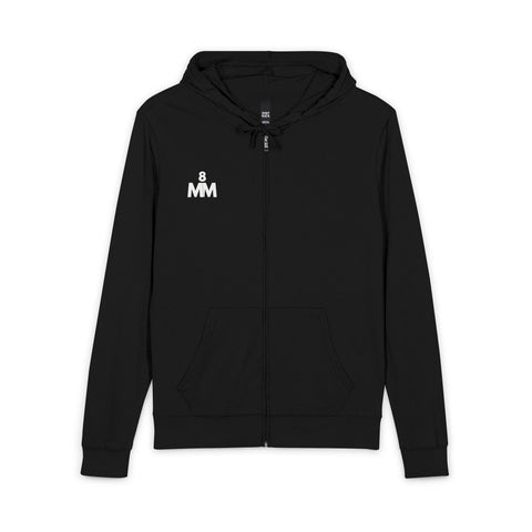 Minimalist Black Full-Zip Hoodie with Small White Logo