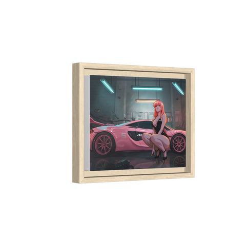 Pink Supercar Girl Framed Canvas Print — Neon Garage Art