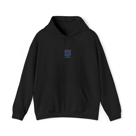 Minimalist Floral Heart Hoodie — Small Blue & Orange Bloom Heart Graphic