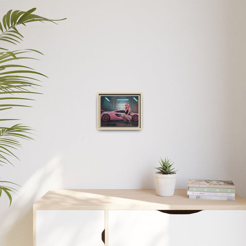 Pink Supercar Girl Framed Canvas Print — Neon Garage Art