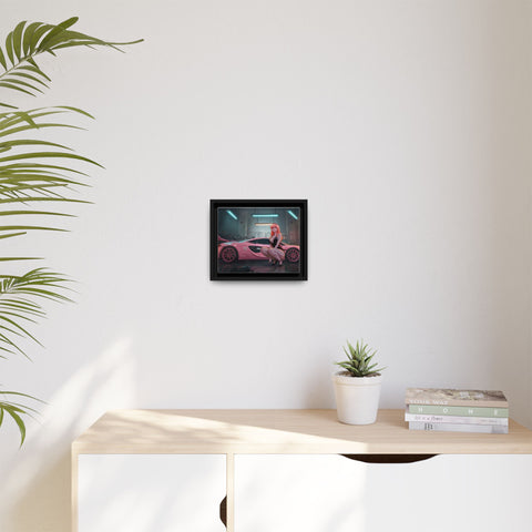 Pink Supercar Girl Framed Canvas Print — Neon Garage Art