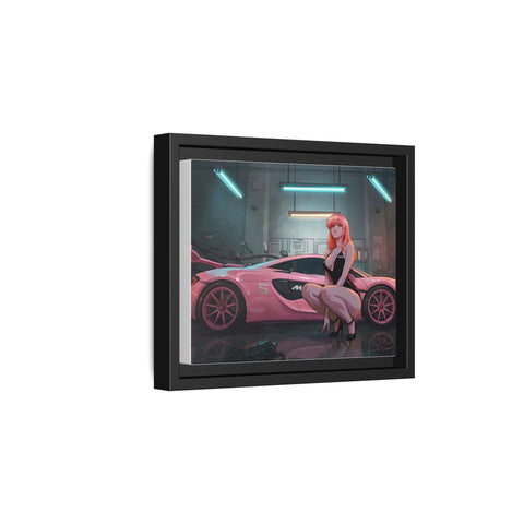 Pink Supercar Girl Framed Canvas Print — Neon Garage Art